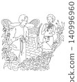 一對情侶在西式花園一邊賞花一邊聊天。 140996960