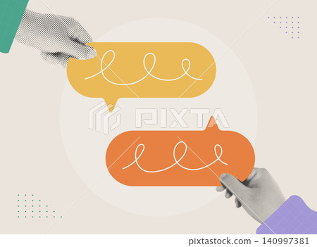 Halftone collage illustration of business communication concept with hands holding colorful speech bubbles representing dialogue. Halftone collage illustration of business communication concept with hands holding colorful speech bubbles representing dialogue. 140997381