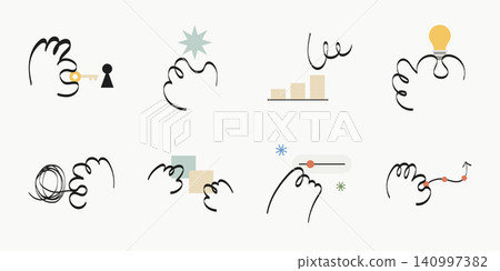 Hand drawn line icon set featuring business concepts such as ideas, solutions, growth and problem solving illustration. 140997382