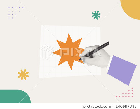 Halftone collage illustration of content creation concept with hand drawing a star burst shape on grid paper. Halftone collage illustration of content creation concept with hand drawing a star burst shape on grid paper. 140997383