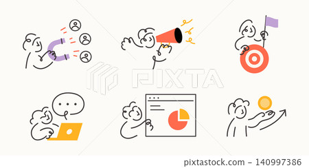 Line art character set featuring diverse people in various marketing, growth and digital strategy concepts illustration. 140997386