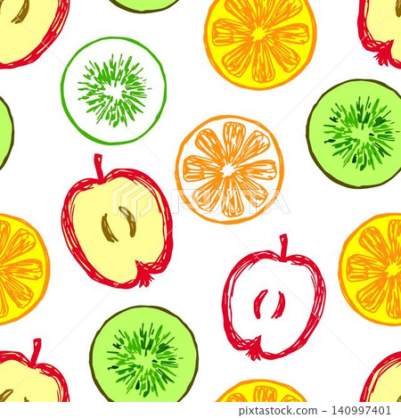 Hand-drawn summer bright vector seamless pattern. Yellow, green kiwi, apple, orange, fruits on a white background. For prints of packaging, fabric, beachwear. Hand-drawn summer bright vector seamless pattern. Yellow, green kiwi, apple, orange, fruits on a white background. For prints of packaging, fabric, beachwear. 140997401