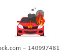 red car on fire with smoke coming out from the hood of the vehicle 140997481