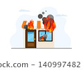 shop building on fire with smoke illustration 140997482
