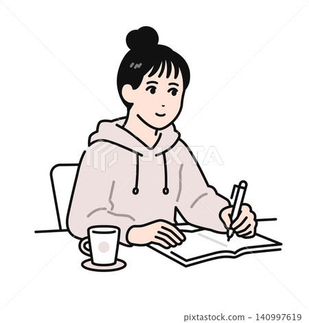 簡單的向量插圖，描繪了一位頭髮紮起來的年輕女子正在筆記本上寫作。 140997619