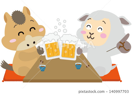 馬和羊共同慶祝馬年到羊年的過渡。 馬和羊共同慶祝馬年到羊年的過渡。 140997703