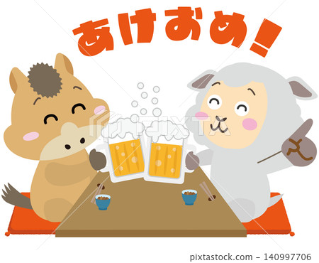 馬和羊共同慶祝馬年到羊年的過渡。 馬和羊共同慶祝馬年到羊年的過渡。 140997706