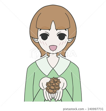 一幅可愛的小女孩(兒童)微笑著拿著松果的插圖。 一幅可愛的小女孩(兒童)微笑著拿著松果的插圖。 140997731
