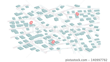 Isometric urban plan with simple building blocks and three red location markers Isometric urban plan with simple building blocks and three red location markers 140997782