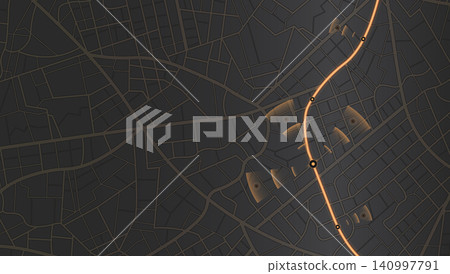 Dark digital city map with glowing route and wireless signal arcs Dark digital city map with glowing route and wireless signal arcs 140997791