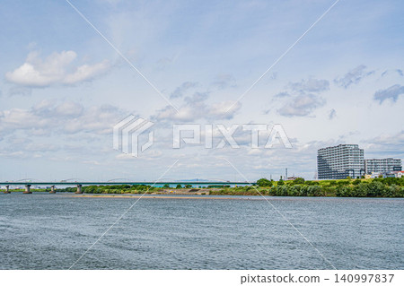 Yodogawa River scenery: View from Hirakata City towards Takatsuki City. Yodogawa River scenery: View from Hirakata City towards Takatsuki City. 140997837