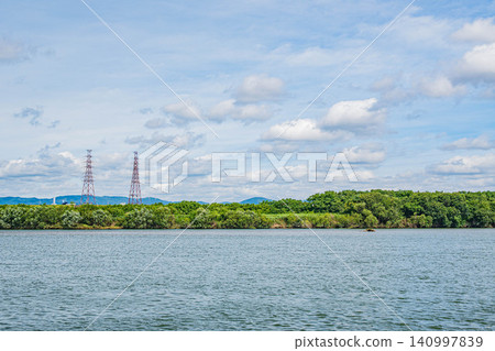 Yodogawa River scenery: View from Hirakata City towards Takatsuki City. 140997839