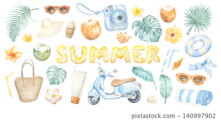 A watercolor set of summer beach essentials. Tropical plants: palm, monstera, and plumeria. A travel bag with SPF, camera, sunglasses, and hat. A Vespa trip to the seaside on vacation. A watercolor set of summer beach essentials. Tropical plants: palm, monstera, and plumeria. A travel bag with SPF, camera, sunglasses, and hat. A Vespa trip to the seaside on vacation. 140997902