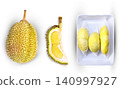 flesh inside the shell, and fresh durian segments in containers, showcasing the rich texture and premium quality of tropical fruit on  white background. 140997927