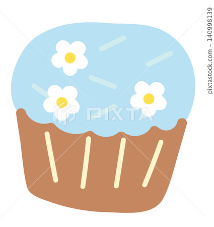 Illustration of pastel blue cream cupcake with flower cookies for sweet dessert, cafe, restaurant, menu, recipe, baking, sticker, cartoon character, mascot, comic, plush toy, brunch, birthday card 140998139