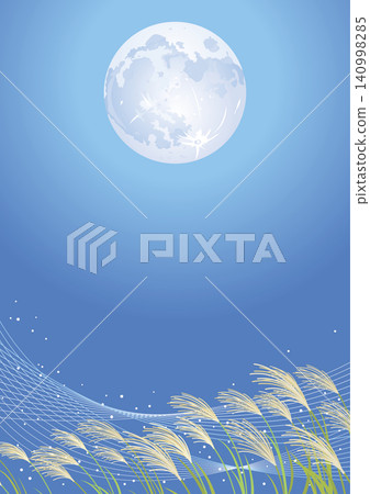 Blue vertical background with a full moon and pampas grass. 140998285