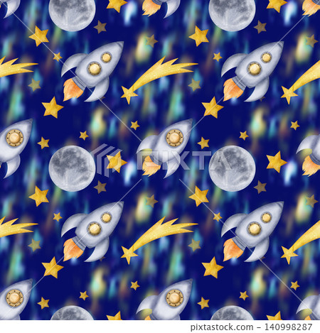 Beautiful dark blue seamless pattern with space rockets, spaceships, stars, full Moon and nebula, night sky space background 140998287