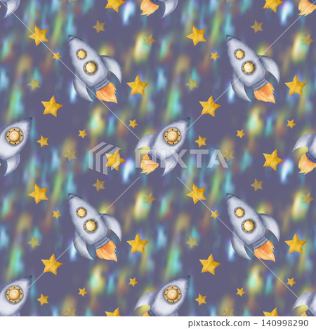 Beautiful gray seamless pattern with space rockets, spaceships, stars and nebula, night sky space background 140998290