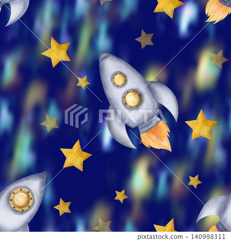 Beautiful dark blue seamless pattern with space rockets, spaceships, stars and nebula, night sky Beautiful dark blue seamless pattern with space rockets, spaceships, stars and nebula, night sky 140998311