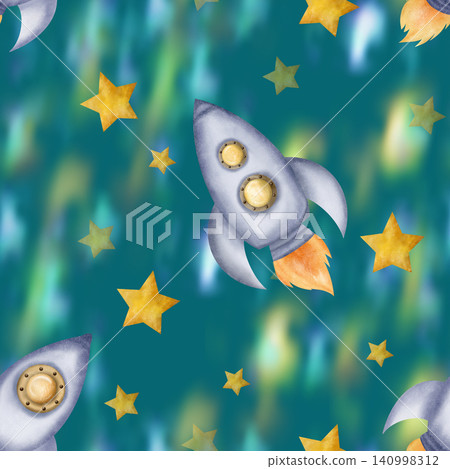 Beautiful green seamless pattern with space rockets, spaceships, stars and nebula, night sky space background 140998312