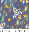 Beautiful gray seamless pattern with space rockets, spaceships, stars and nebula, night sky space background 140998313