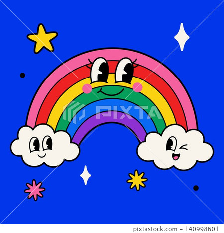 Smiling rainbow mascot with clouds and stars in cartoon vector style for kids wallpaper 140998601