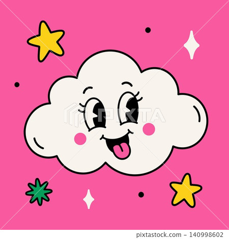 Smiling cloud mascot with decorative stars in flat vector style for greeting cards and stationery Smiling cloud mascot with decorative stars in flat vector style for greeting cards and stationery 140998602