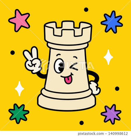 Smiling rook mascot in playful doodle style with colorful stars on yellow background for sticker Smiling rook mascot in playful doodle style with colorful stars on yellow background for sticker 140998612