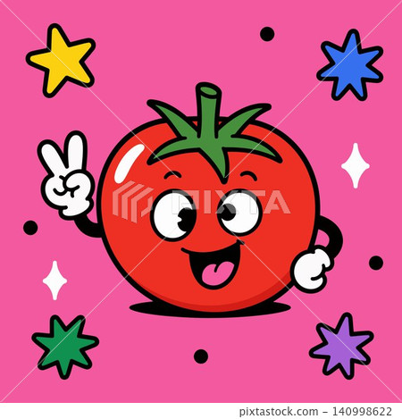 Smiling tomato mascot with peace sign in playful flat vector style for food branding and packaging 140998622