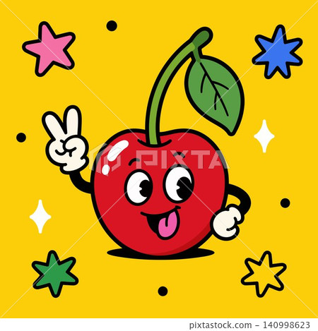 Smiling cherry mascot with peace sign in playful flat vector style for food branding and packaging 140998623