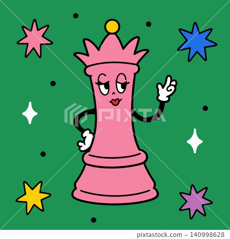 Pink queen chess piece mascot with decorative stars on green background in cartoon vector style Pink queen chess piece mascot with decorative stars on green background in cartoon vector style 140998628