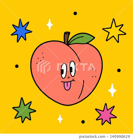 Smiling peach mascot with decorative stars on yellow background in cartoon vector style for food 140998629