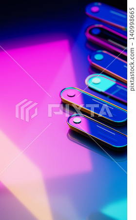 3D glowing glass interface buttons with vibrant neon reflections and macro blur. 3D glowing glass interface buttons with vibrant neon reflections and macro blur. 140998665