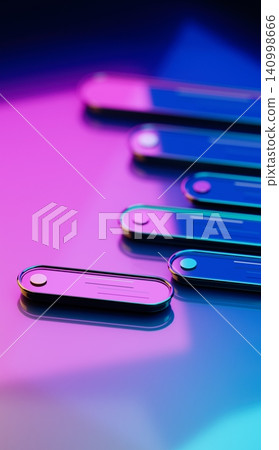 Vertical tech background with copy space. 3D glowing glass app interface icons with vibrant neon reflections and bokeh. Vertical tech background with copy space. 3D glowing glass app interface icons with vibrant neon reflections and bokeh. 140998666