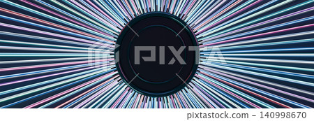 Dynamic 3D zoom effect with neon rays and central copy space on dark background. Dynamic 3D zoom effect with neon rays and central copy space on dark background. 140998670