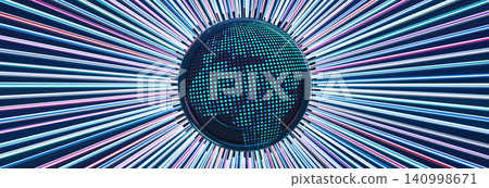 Global network and data transfer concept. Wide 3D banner with pixelated earth sphere and fast zoom light trails. Global network and data transfer concept. Wide 3D banner with pixelated earth sphere and fast zoom light trails. 140998671