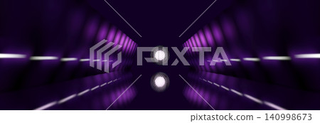 Abstract Futuristic Dark Purple Neon Corridor with Geometric Glowing Sphere and Reflective Floor Abstract Futuristic Dark Purple Neon Corridor with Geometric Glowing Sphere and Reflective Floor 140998673