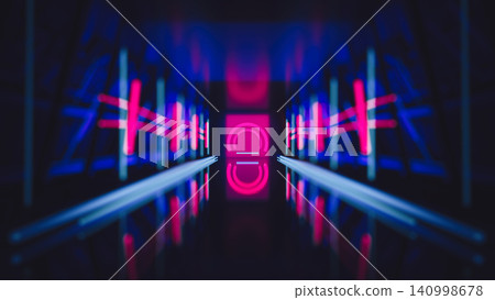 3D Metaverse Portal Concept: Futuristic Neon Synthwave Background with Reflective Floor and Bokeh 140998678