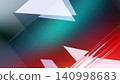 Abstract 3D geometric background with overlapping transparent glass layers and vibrant teal and red gradient. 140998683