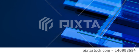 Abstract 3D technology banner background. Overlapping transparent glass panels and glowing neon lines on dark blue space. Abstract 3D technology banner background. Overlapping transparent glass panels and glowing neon lines on dark blue space. 140998684
