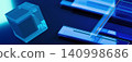 Abstract 3D technology background banner. Transparent glass cube and glowing geometric panels on dark blue space. 140998686
