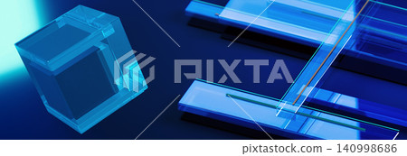Abstract 3D technology background banner. Transparent glass cube and glowing geometric panels on dark blue space. Abstract 3D technology background banner. Transparent glass cube and glowing geometric panels on dark blue space. 140998686
