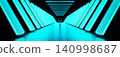 Abstract futuristic neon tunnel background. 3D glowing cyan corridor leading to a mysterious sphere. 140998687