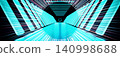 Abstract 3D futuristic neon tunnel background with hyper speed motion blur and glowing cyan lights. 140998688