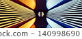 Abstract futuristic neon tunnel background. Symmetrical perspective with contrasting orange and blue glowing lines and central sphere. 140998690