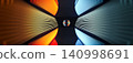 Abstract futuristic neon tunnel background. Symmetrical perspective with contrasting orange and blue glowing lines and central sphere. 140998691