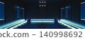 Abstract empty 3D stage background. Futuristic dark room with neon blue lights and industrial grid floor. 140998692