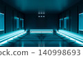 Abstract empty 3D stage background. Futuristic dark room with neon blue lights and industrial grid floor. 140998693