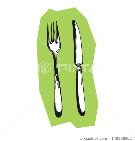 Fork and knife utensils in bold line art style on green background for food illustration Fork and knife utensils in bold line art style on green background for food illustration 140998802