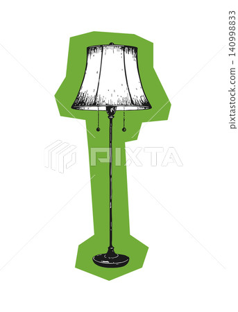Floor lamp in black and white illustration with green accent Floor lamp in black and white illustration with green accent 140998833